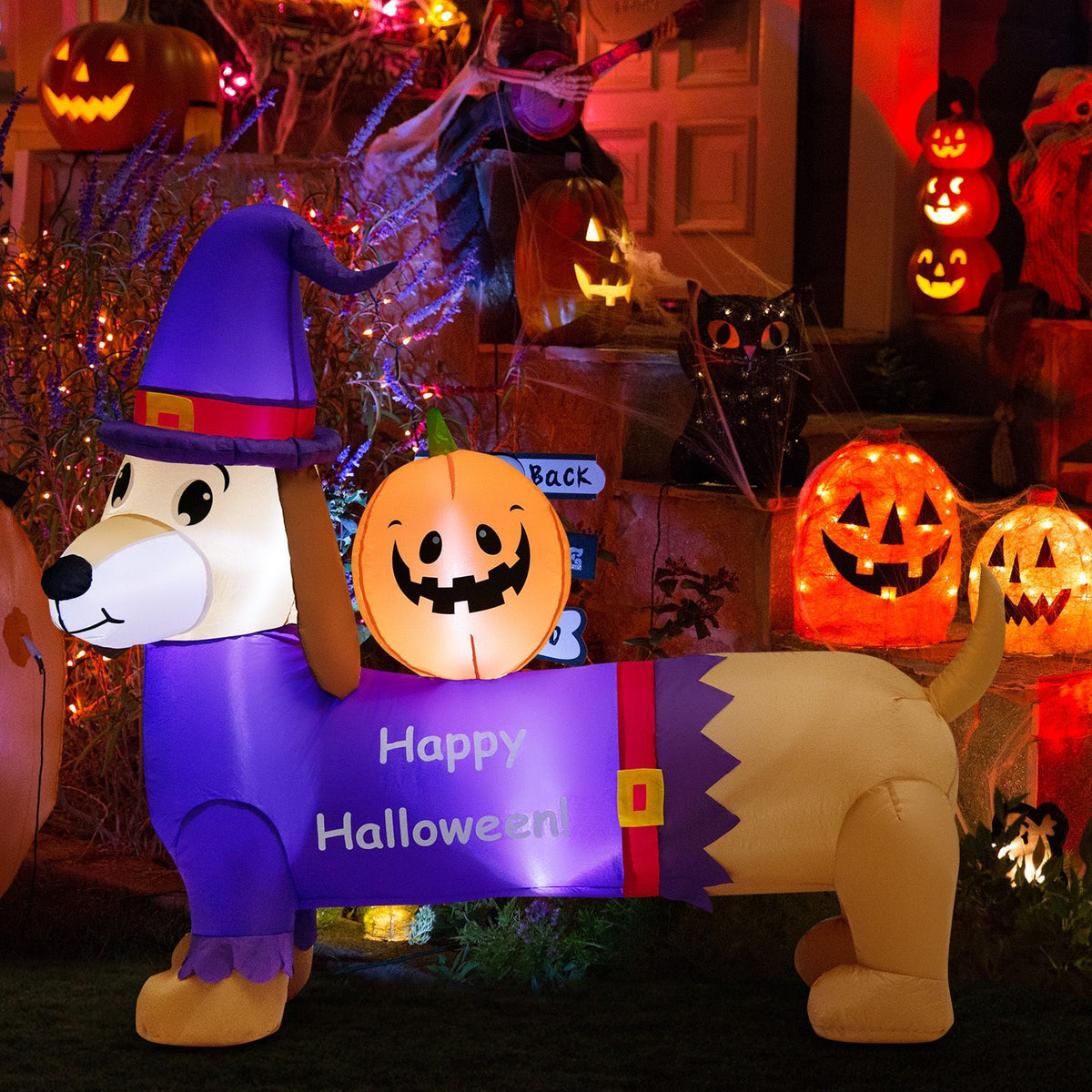 Giantex 150cm Long Halloween Inflatable Dachshund Dog with Pumpkin Built-in LED Lights