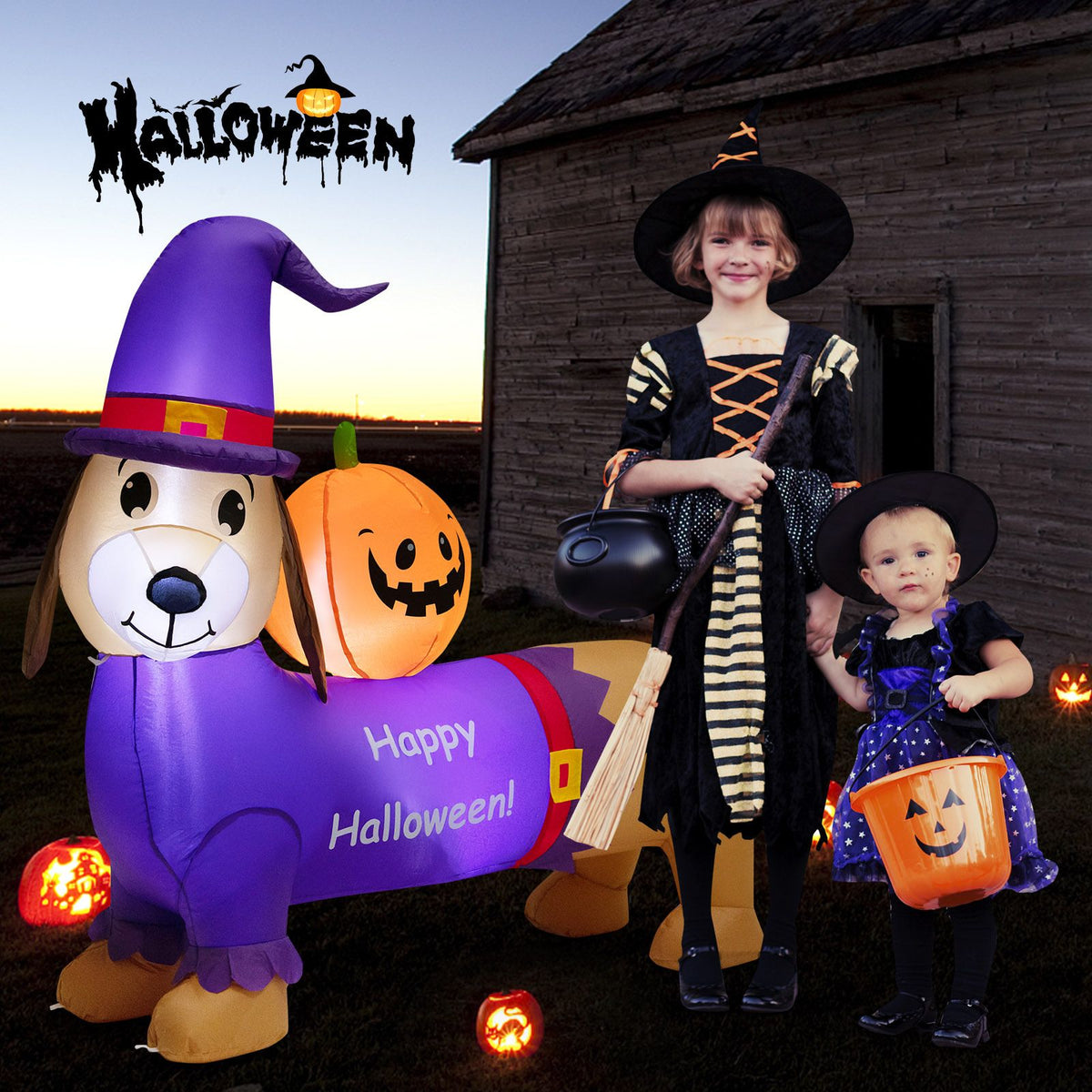 Giantex 150cm Long Halloween Inflatable Dachshund Dog with Pumpkin Built-in LED Lights