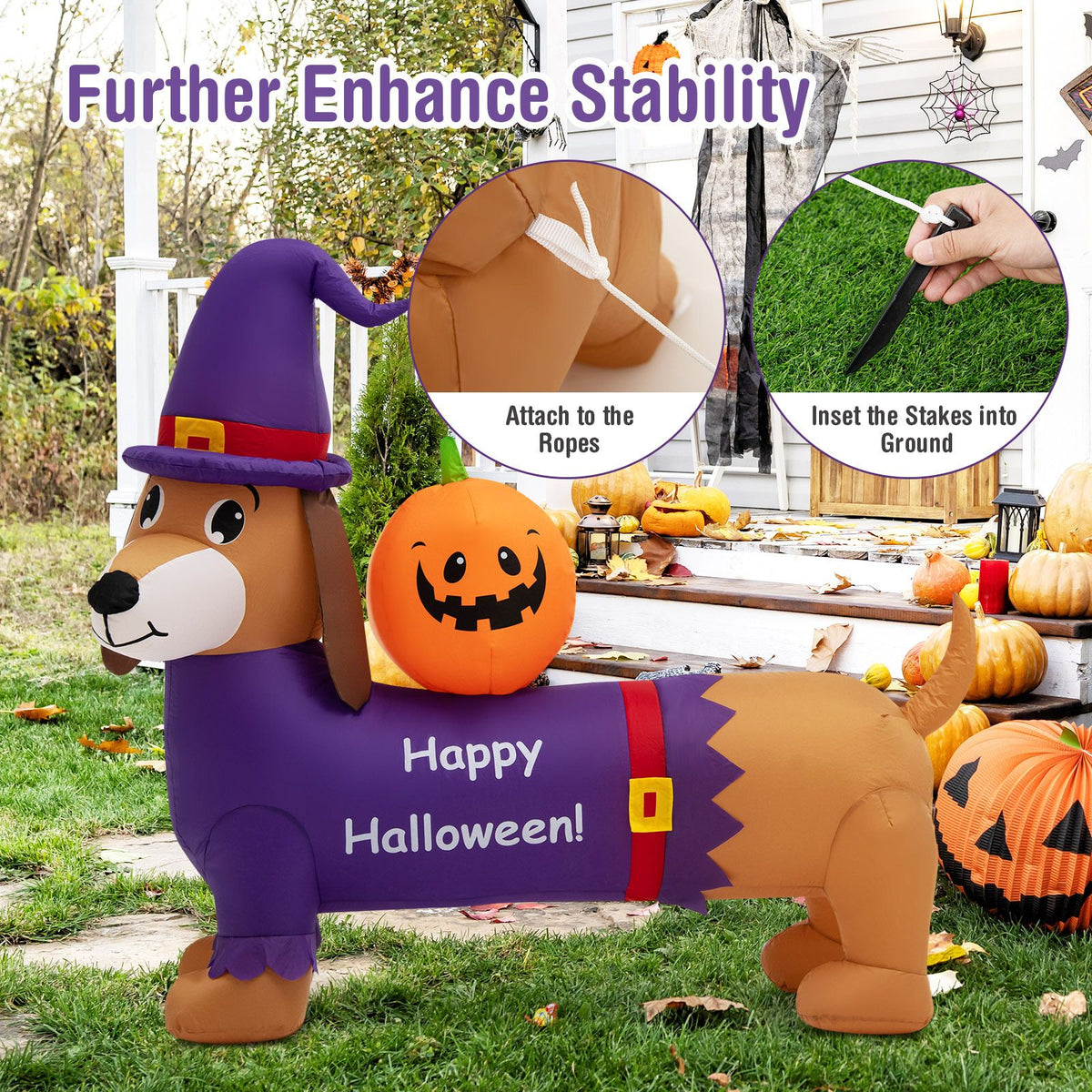 Giantex 150cm Long Halloween Inflatable Dachshund Dog with Pumpkin Built-in LED Lights
