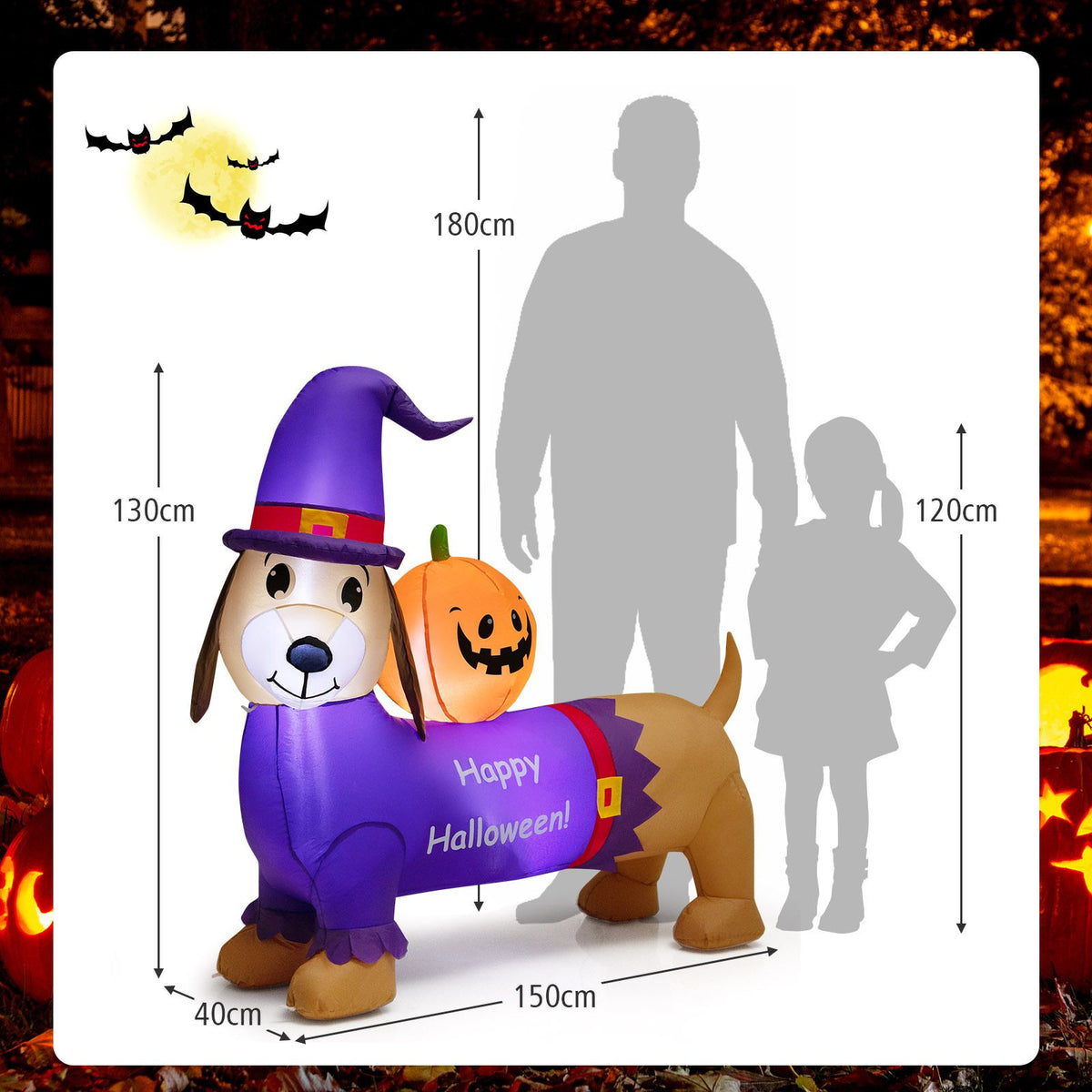 Giantex 150cm Long Halloween Inflatable Dachshund Dog with Pumpkin Built-in LED Lights