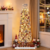 150/180/210cm Pre-Lit Artificial Christmas Tree with Bendable Top Hinges and Snow Flock