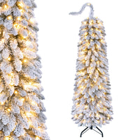 150/180/210cm Pre-Lit Artificial Christmas Tree with Bendable Top Hinges and Snow Flock