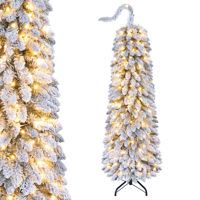 150/180/210cm Pre-Lit Artificial Christmas Tree with Bendable Top Hinges and Snow Flock