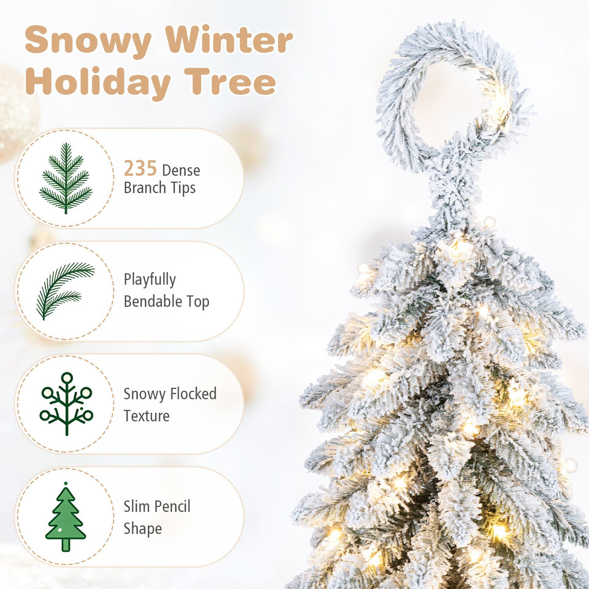 150/180/210cm Pre-Lit Artificial Christmas Tree with Bendable Top Hinges and Snow Flock