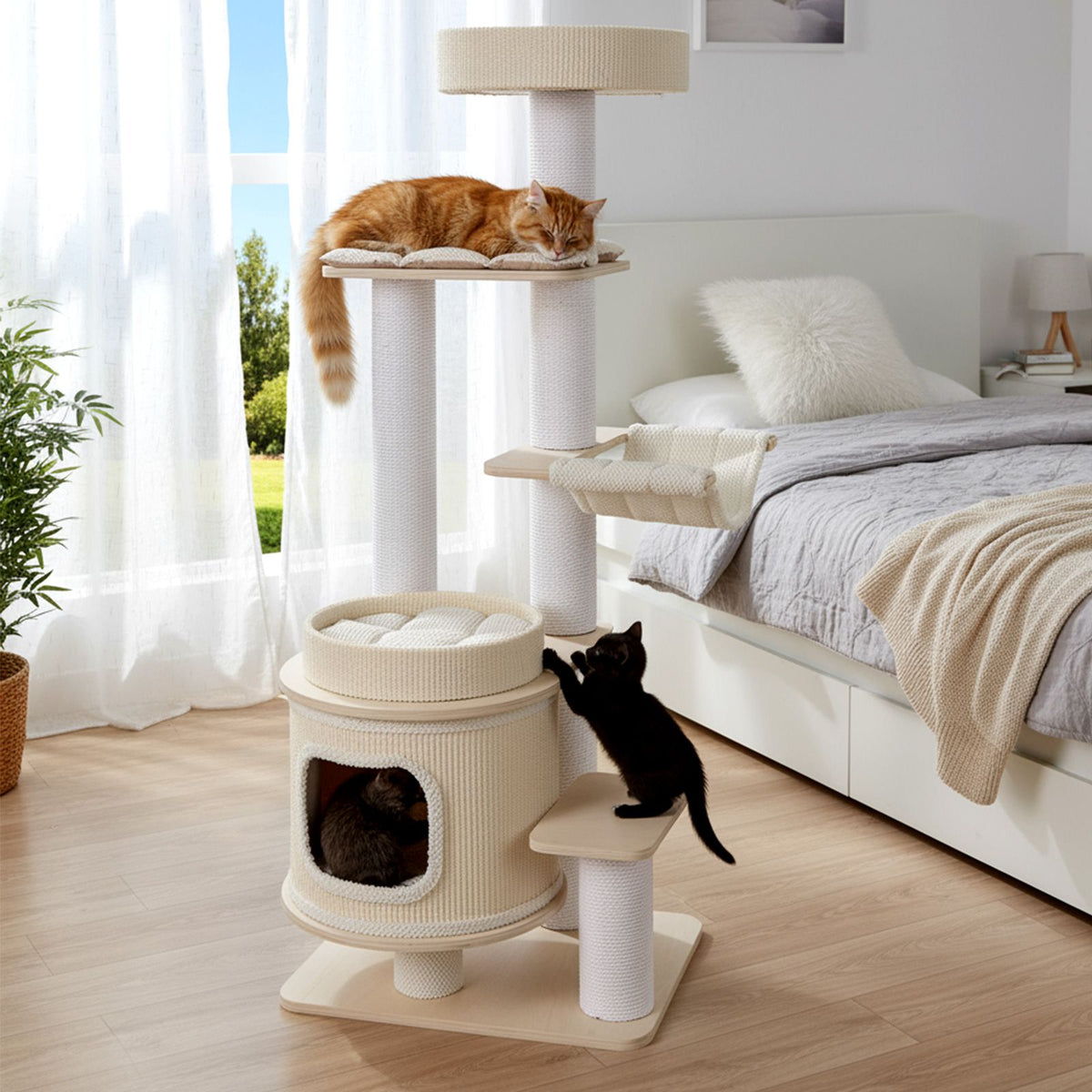 151 CM Space-saving Modern Cat Tree Multi-level Cat Tower w/Detachable Soft Mats
