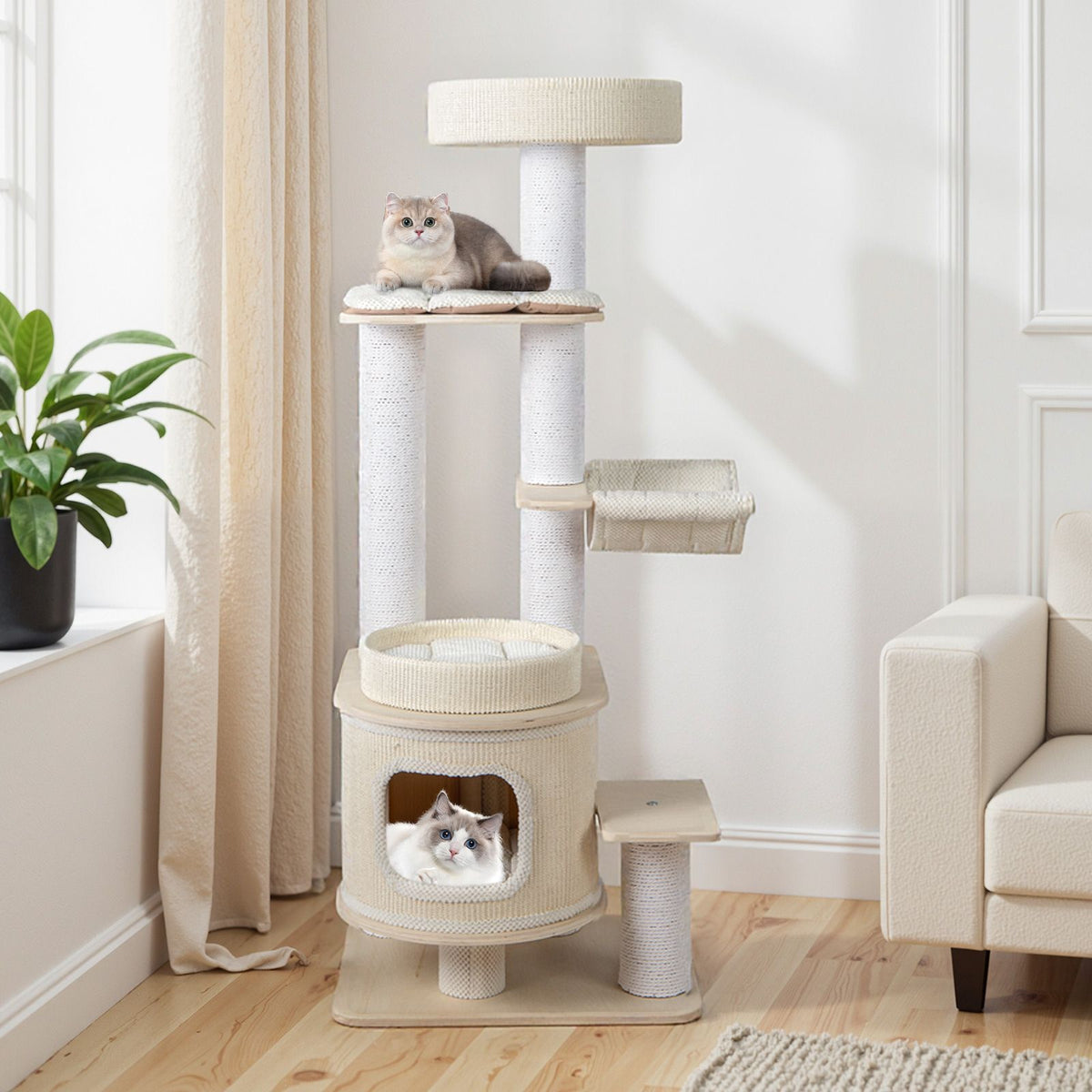 151 CM Space-saving Modern Cat Tree Multi-level Cat Tower w/Detachable Soft Mats