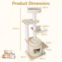 151 CM Space-saving Modern Cat Tree Multi-level Cat Tower w/Detachable Soft Mats