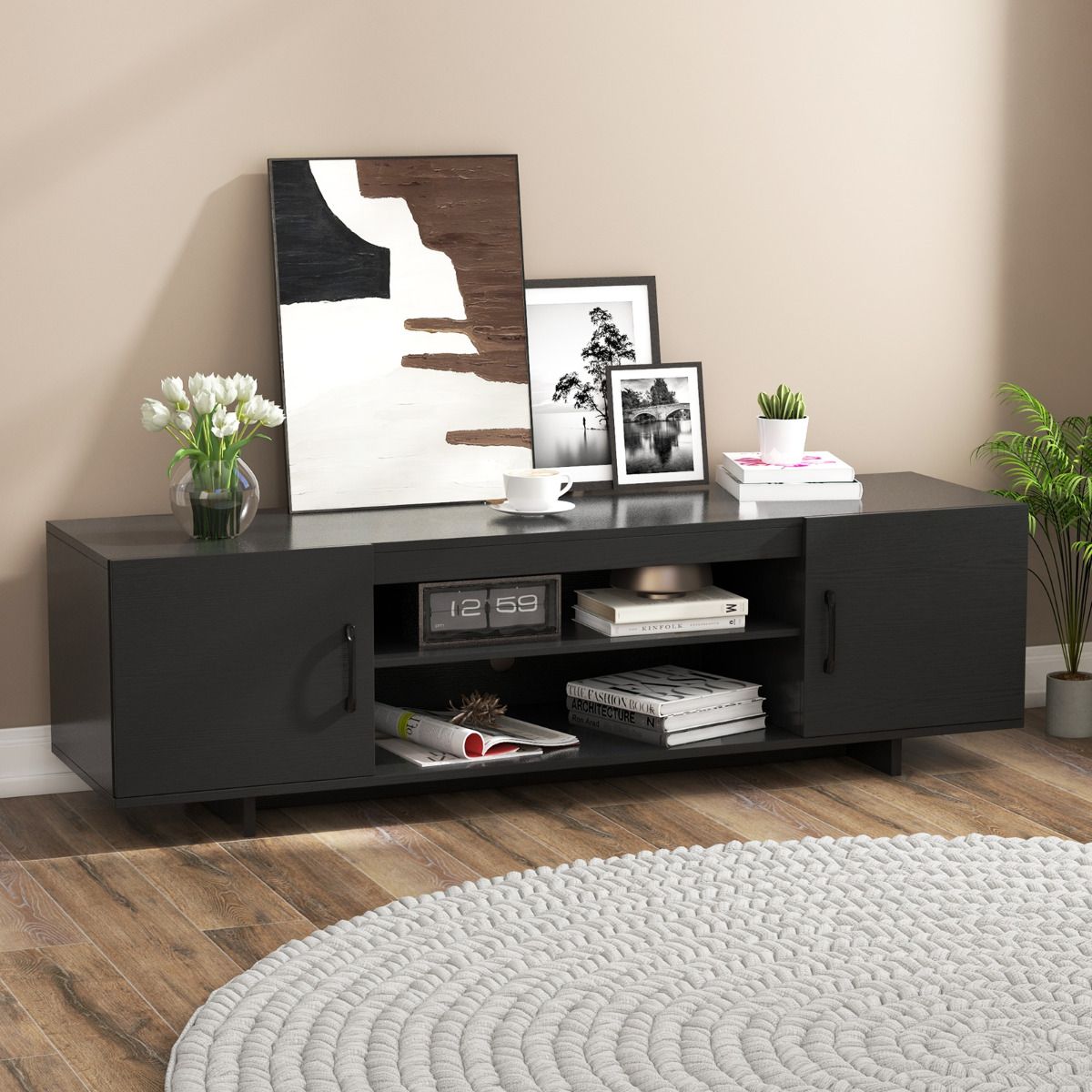 152 cm TV Stand with Power Outlet and 2 Cable Holes