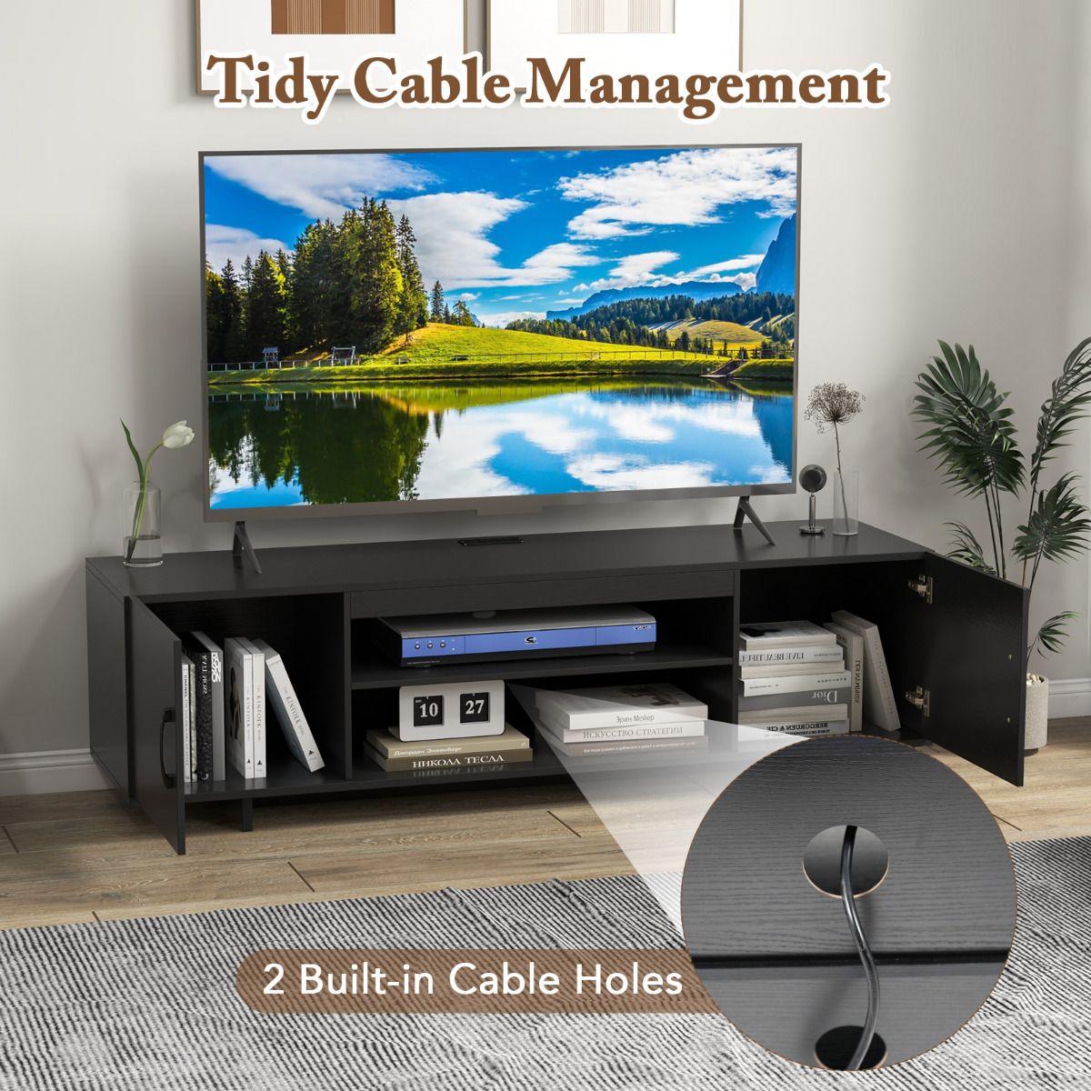 152 cm TV Stand with Power Outlet and 2 Cable Holes