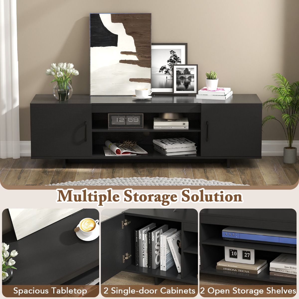 152 cm TV Stand with Power Outlet and 2 Cable Holes