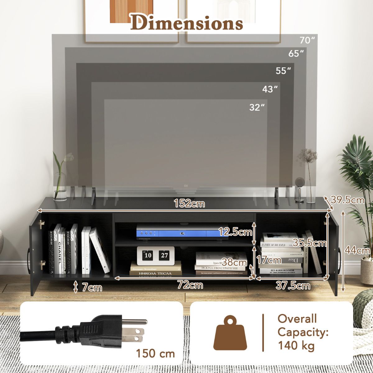152 cm TV Stand with Power Outlet and 2 Cable Holes