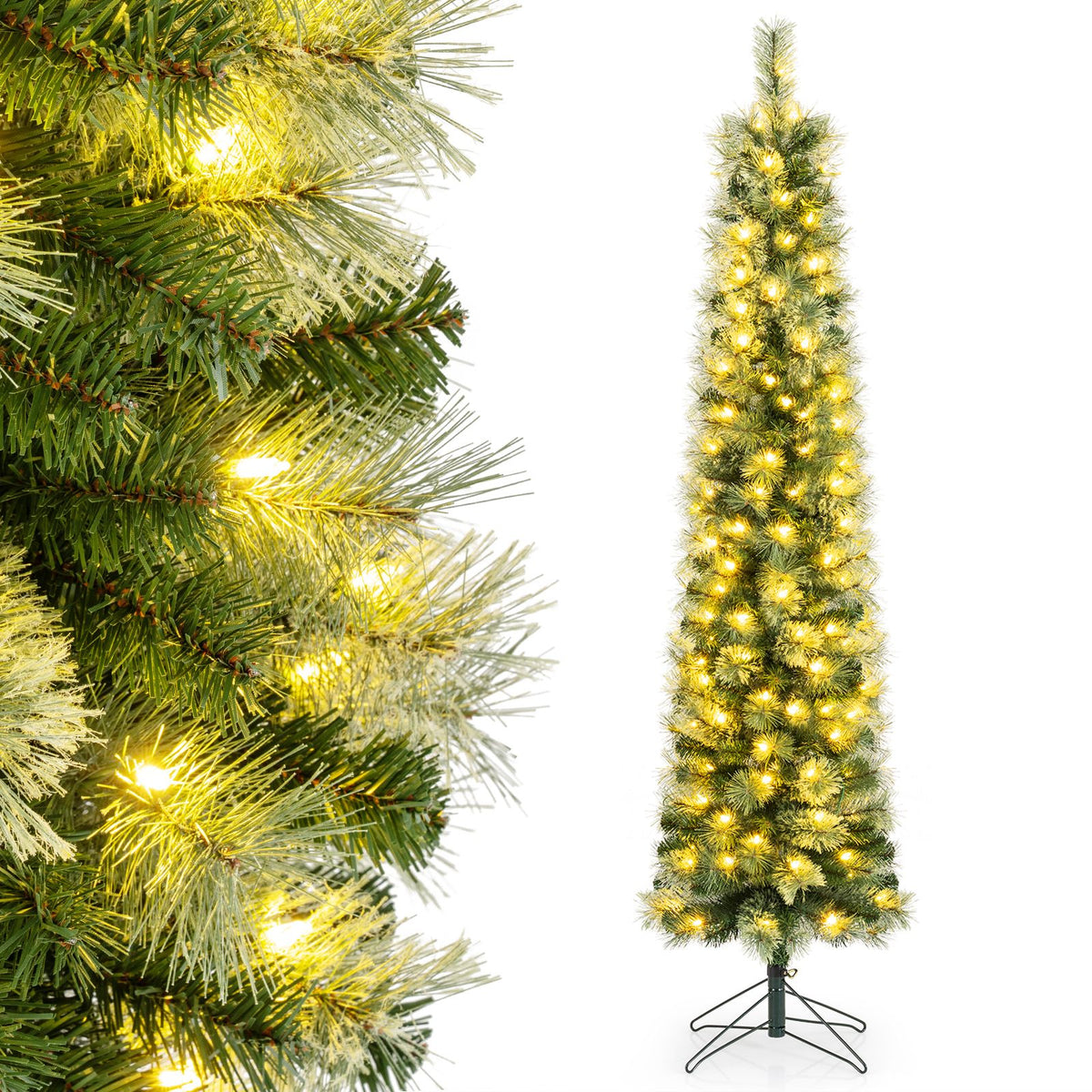 155/185cm Pre-Lit Pencil Artificial Christmas Tree with 120 LED Warm White Lights 198/264 Branch Tips