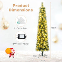 155/185cm Pre-Lit Pencil Artificial Christmas Tree with 120 LED Warm White Lights 198/264 Branch Tips