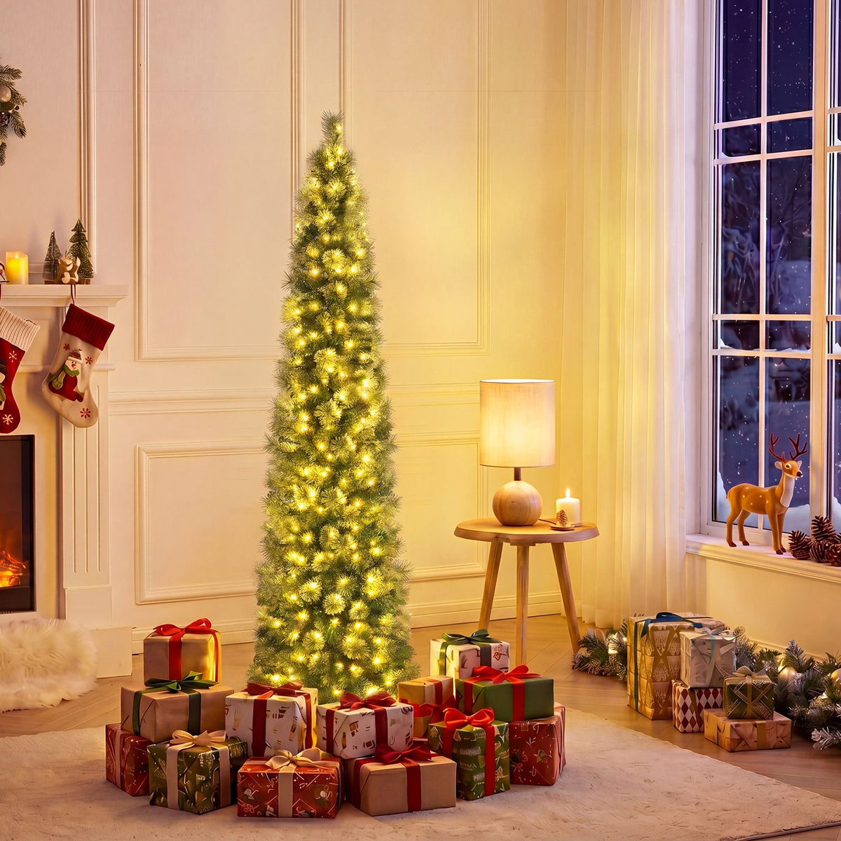 155/185cm Pre-Lit Pencil Artificial Christmas Tree with 120 LED Warm White Lights 198/264 Branch Tips