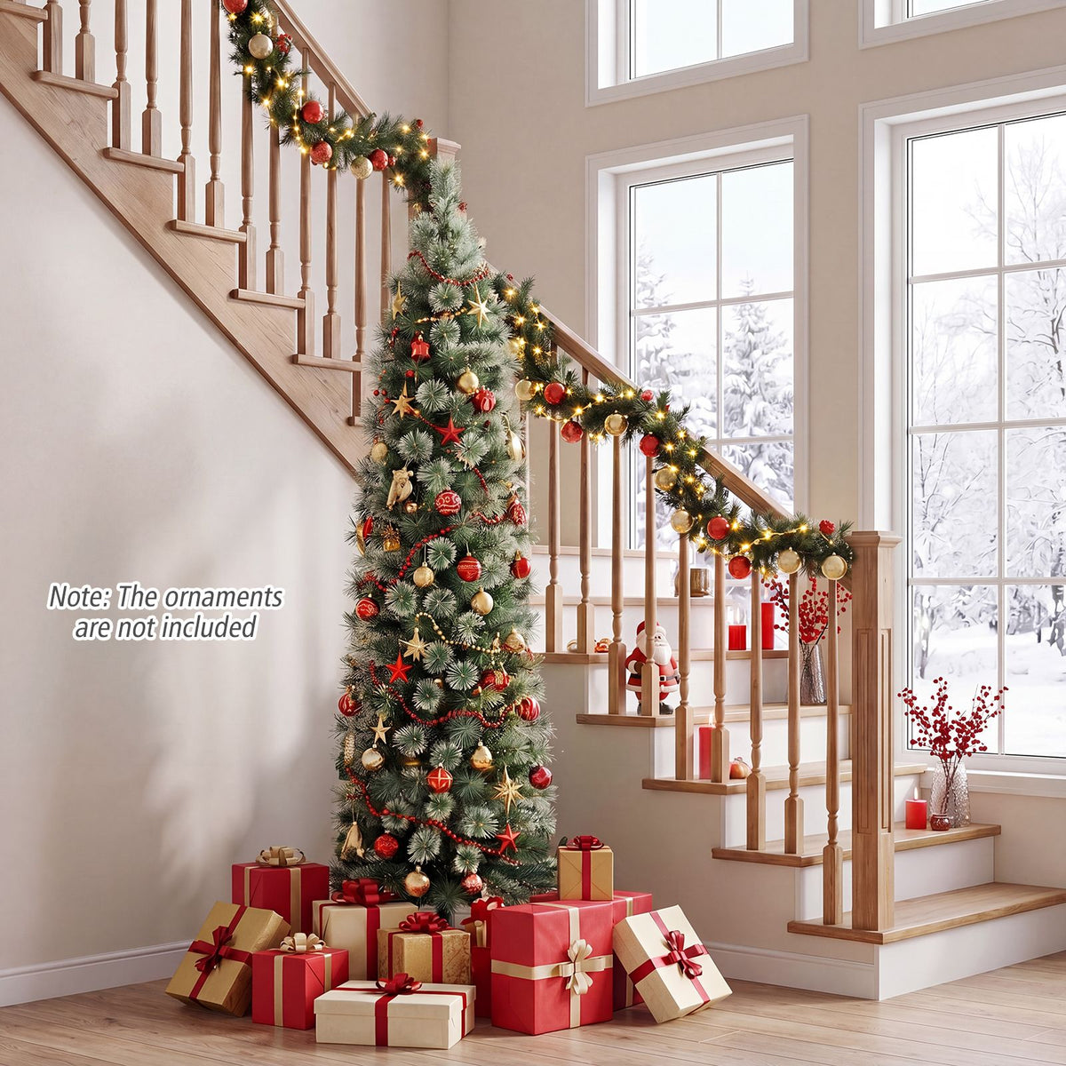 155/185cm Pre-Lit Pencil Artificial Christmas Tree with 120 LED Warm White Lights 198/264 Branch Tips