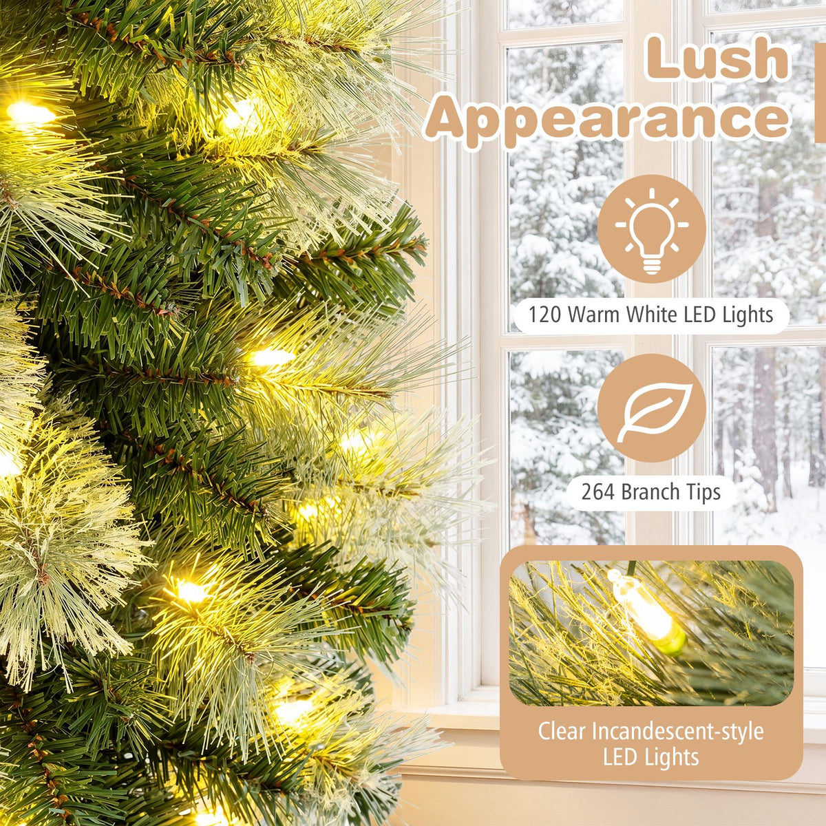 155/185cm Pre-Lit Pencil Artificial Christmas Tree with 120 LED Warm White Lights 198/264 Branch Tips