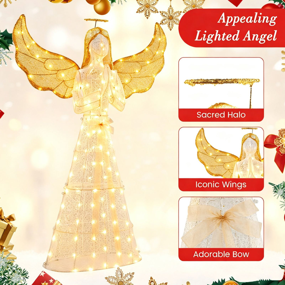 155cm Christmas Pre-Lit Angel with Halo Wings and 150 LED Lights