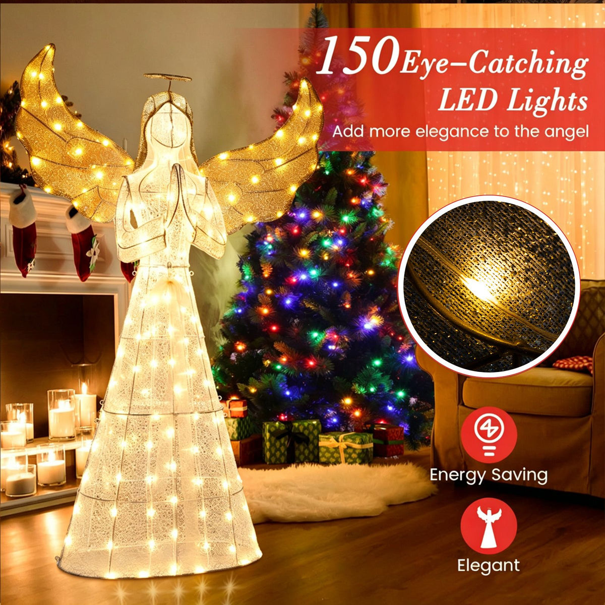 155cm Christmas Pre-Lit Angel with Halo Wings and 150 LED Lights