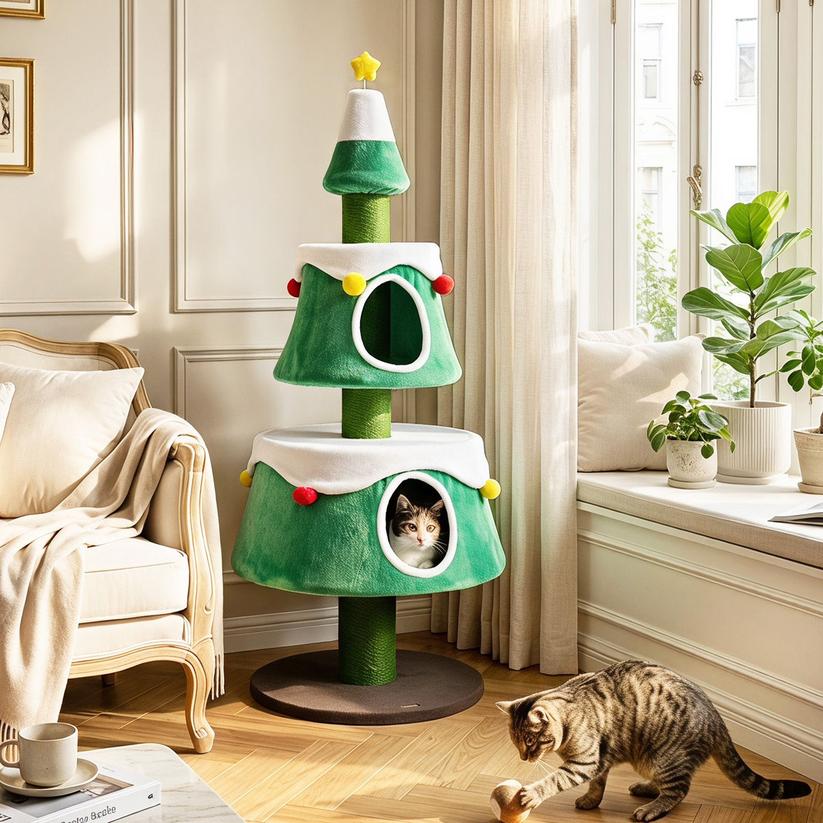 156cm Cat Christmas Tree for Indoor Kittens Tall Cat Tower with 2 Large Condos