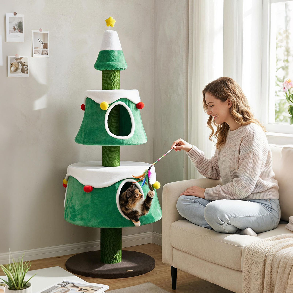 156cm Cat Christmas Tree for Indoor Kittens Tall Cat Tower with 2 Large Condos