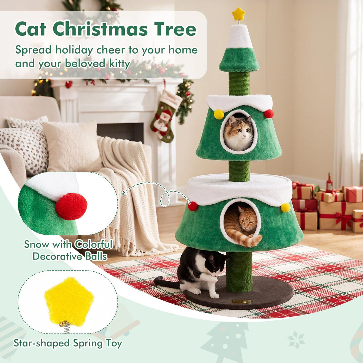 156cm Cat Christmas Tree for Indoor Kittens Tall Cat Tower with 2 Large Condos