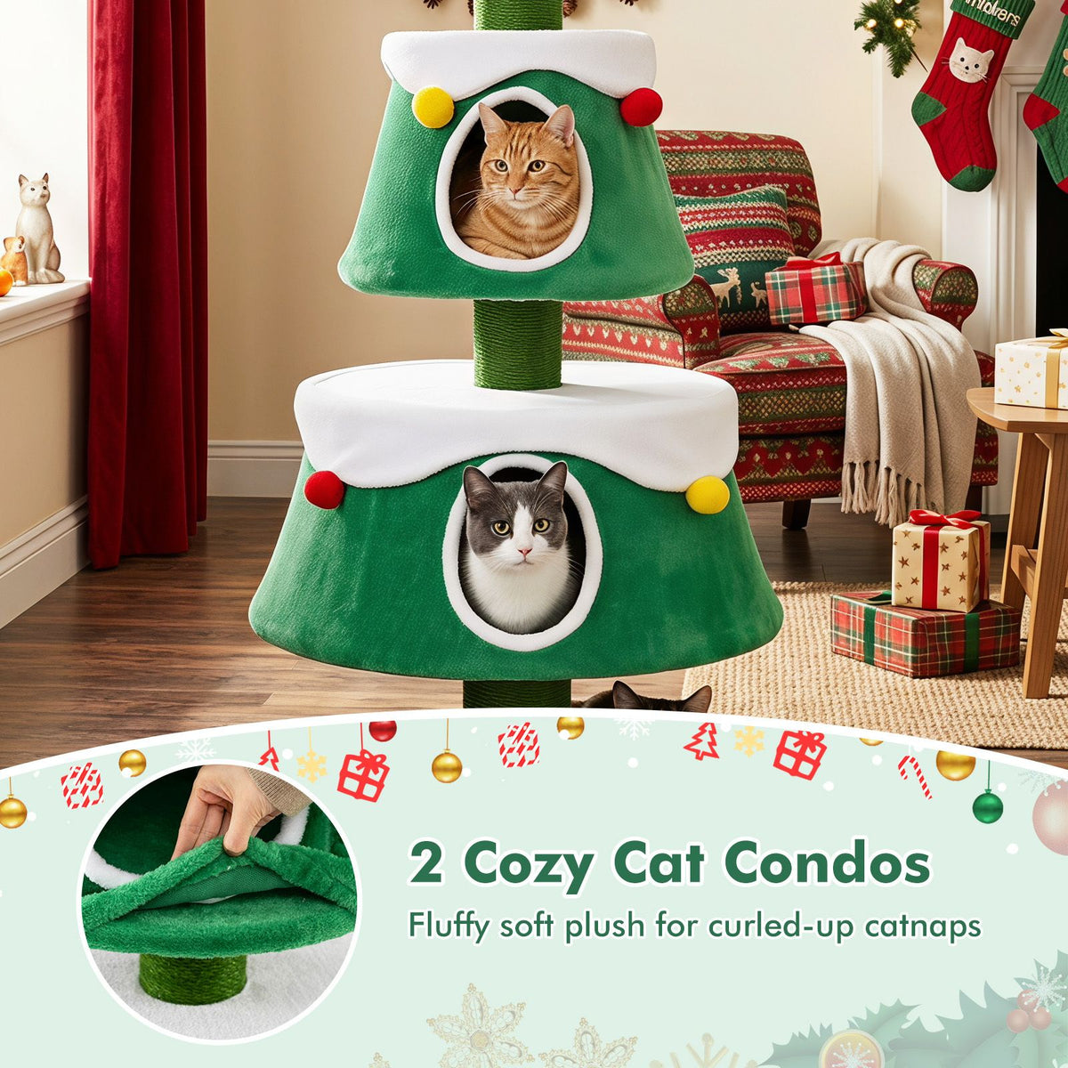 156cm Cat Christmas Tree for Indoor Kittens Tall Cat Tower with 2 Large Condos