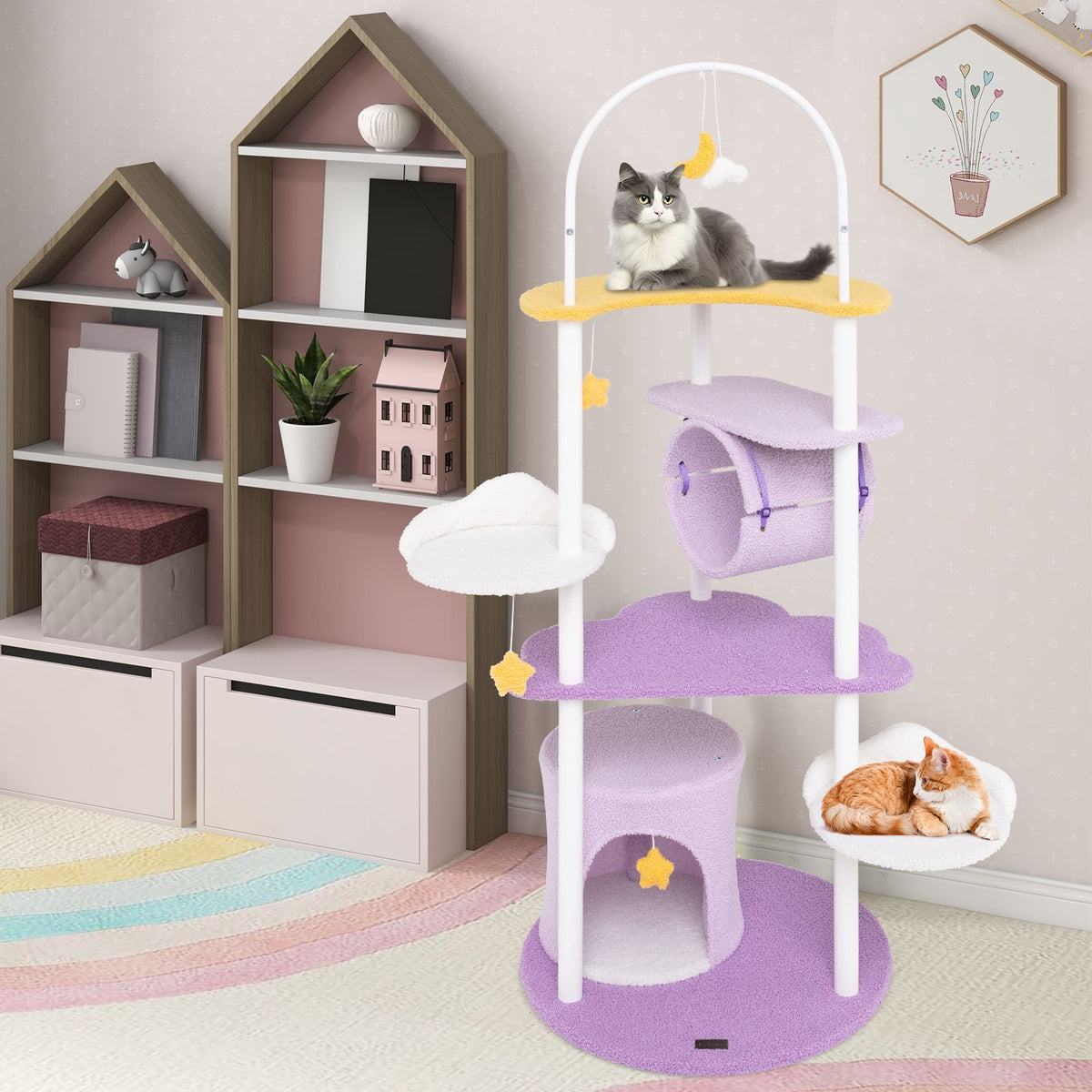 158 CM Multi-level Cat Tree Sky-Theme Cat Tower with Moon Shaped Top Perch