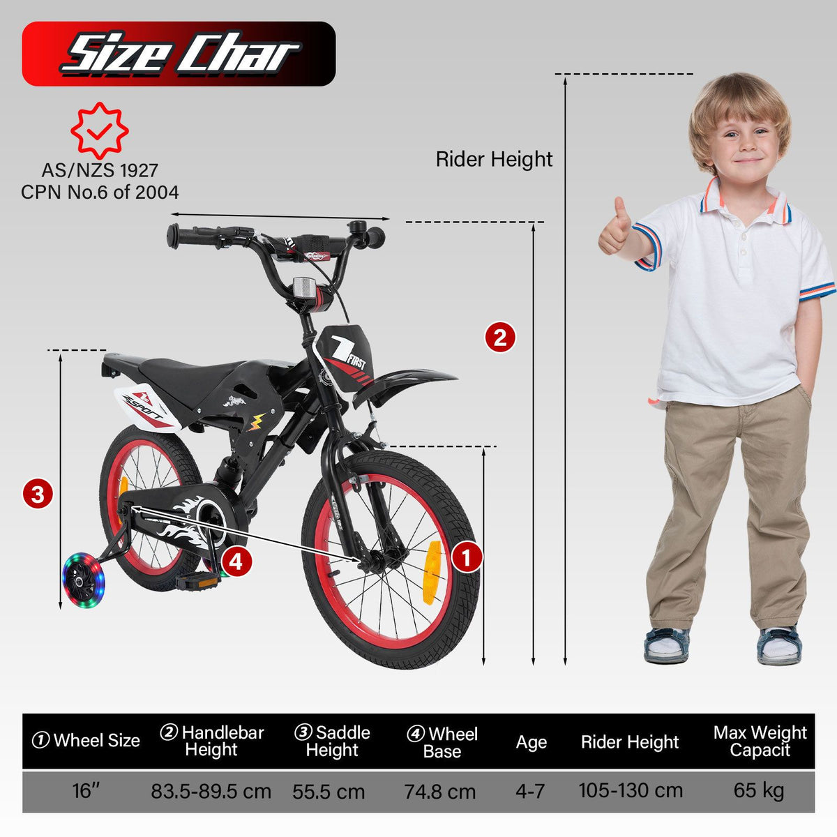 16 Inch Kids Bike Motocross Style with Sound Effects and Light-up Training Wheels
