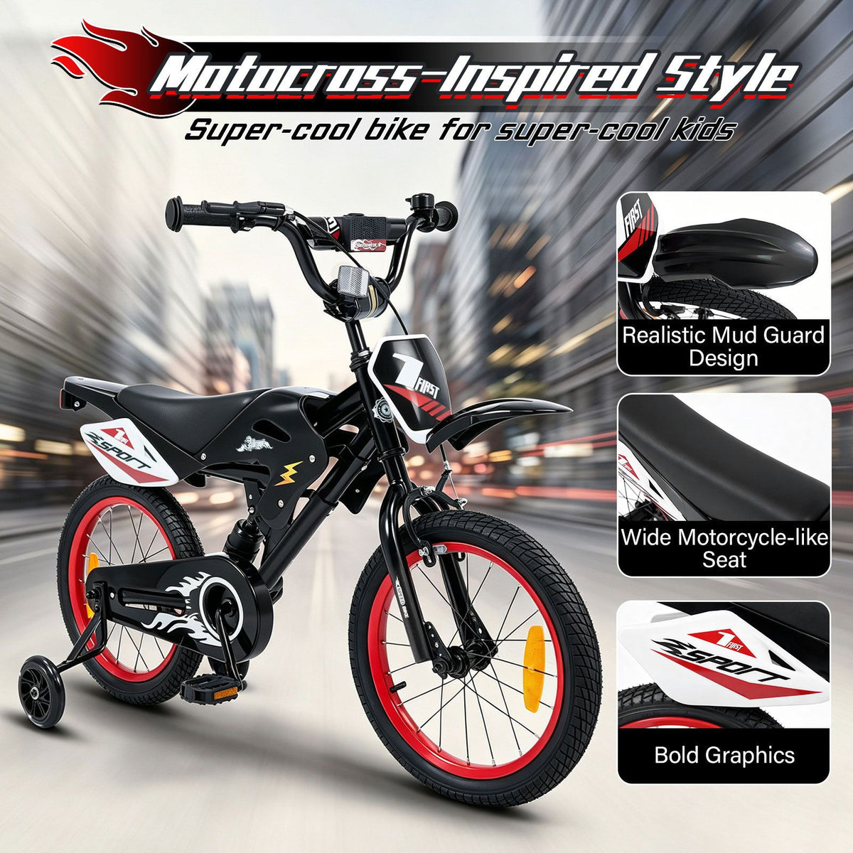 16 Inch Kids Bike Motocross Style with Sound Effects and Light-up Training Wheels