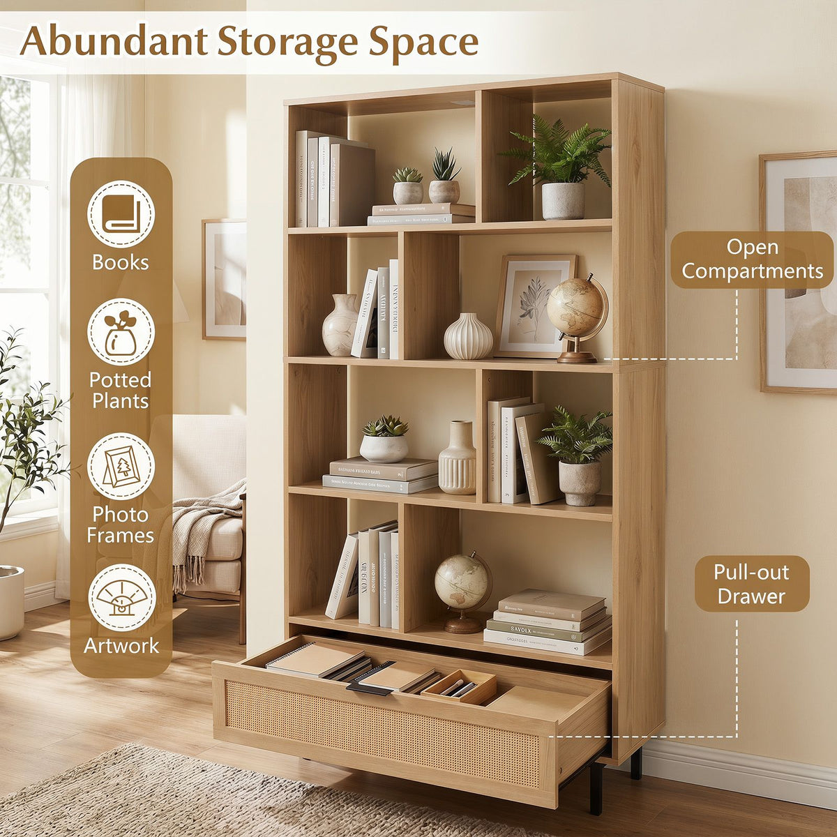 162cm Tall Wooden Bookcase 6-Tier Bookshelf with 8 Open Cubes