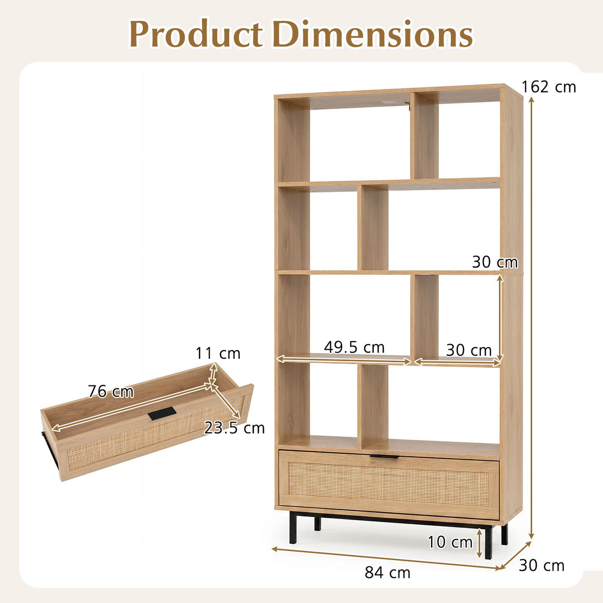 162cm Tall Wooden Bookcase 6-Tier Bookshelf with 8 Open Cubes