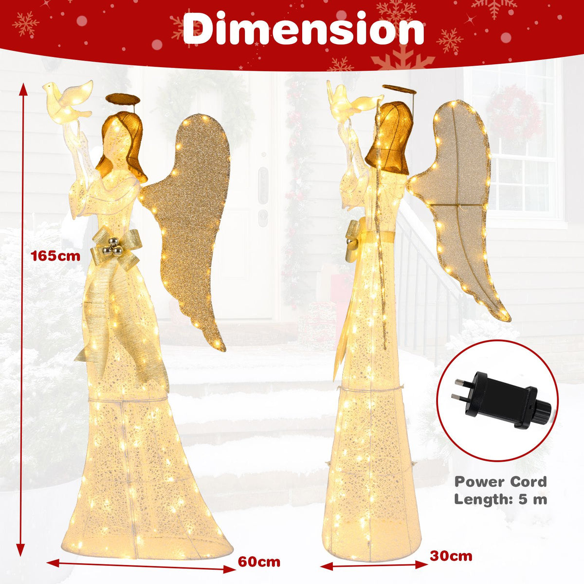 3D Lighted Angel Christmas Decoration, 165cm Halo Angel