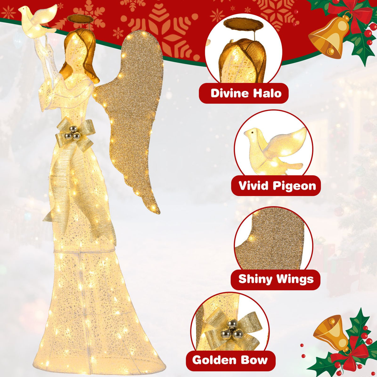 3D Lighted Angel Christmas Decoration, 165cm Halo Angel
