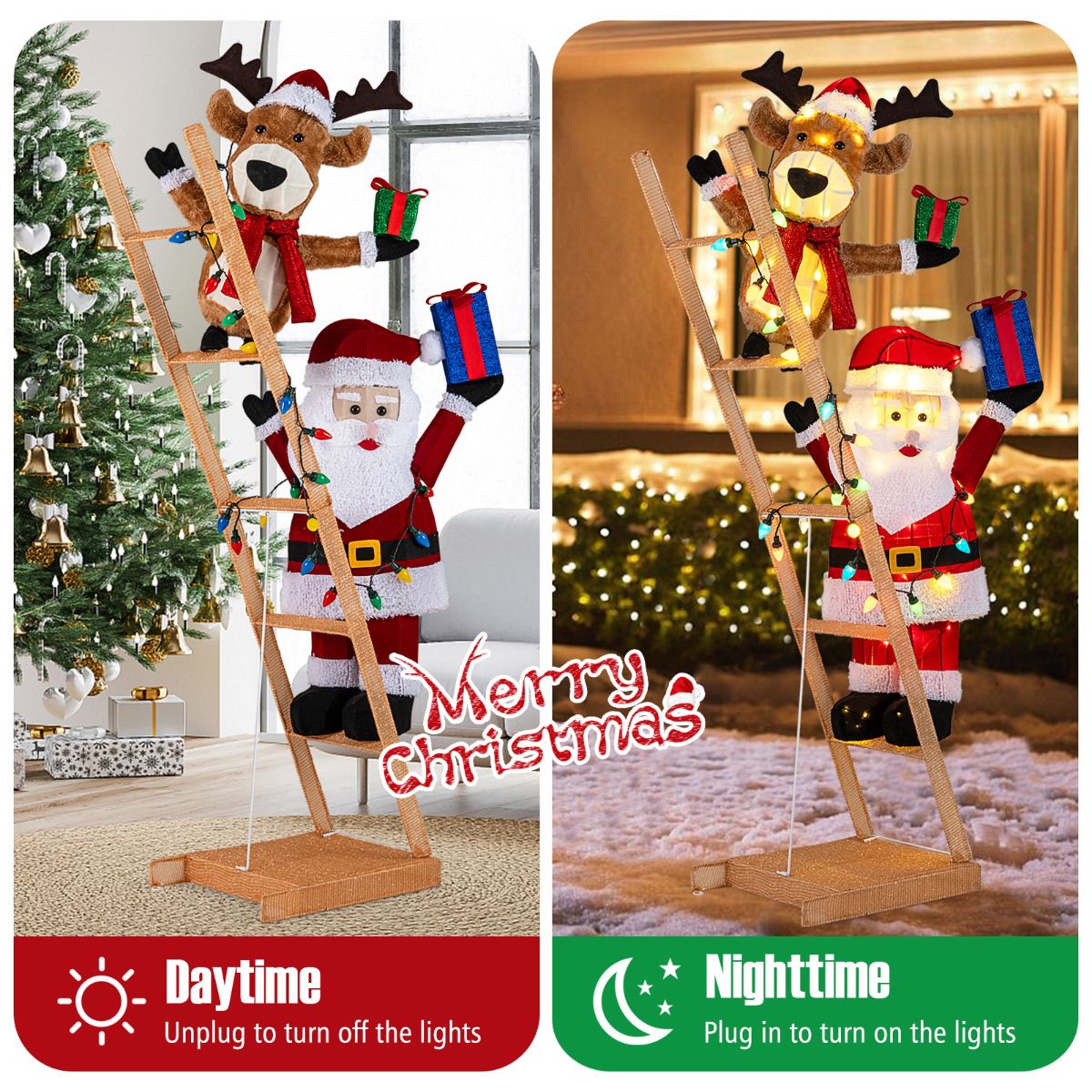 166cm Lighted Reindeer and Santa Claus on Ladder with 100 LED Lights