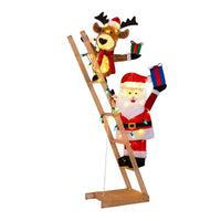 166cm Lighted Reindeer and Santa Claus on Ladder with 100 LED Lights