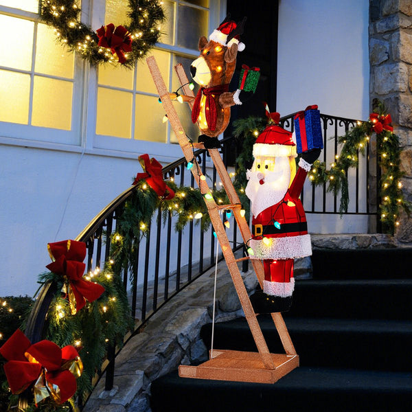 166cm Lighted Reindeer and Santa Claus on Ladder with 100 LED Lights