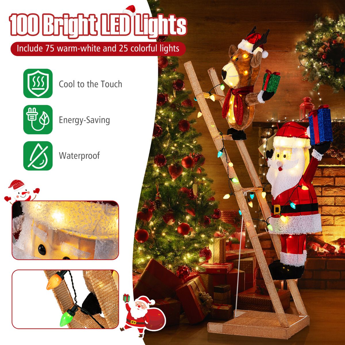 166cm Lighted Reindeer and Santa Claus on Ladder with 100 LED Lights
