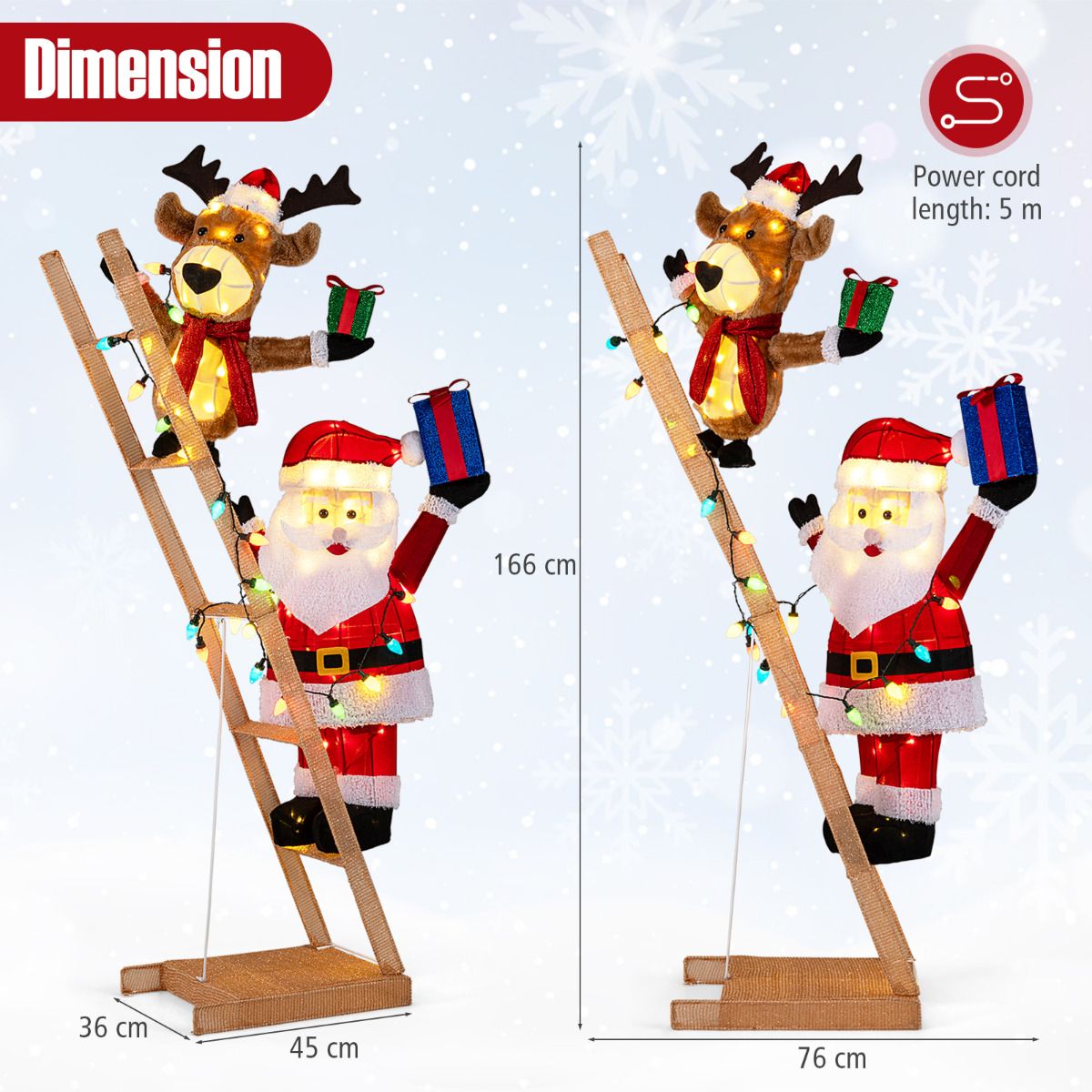 166cm Lighted Reindeer and Santa Claus on Ladder with 100 LED Lights