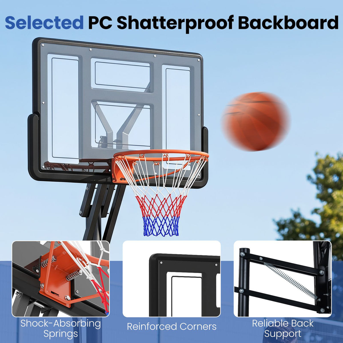 170-305 cm Outdoor Portable Basketball Hoop with Sandbag and 2 Nets
