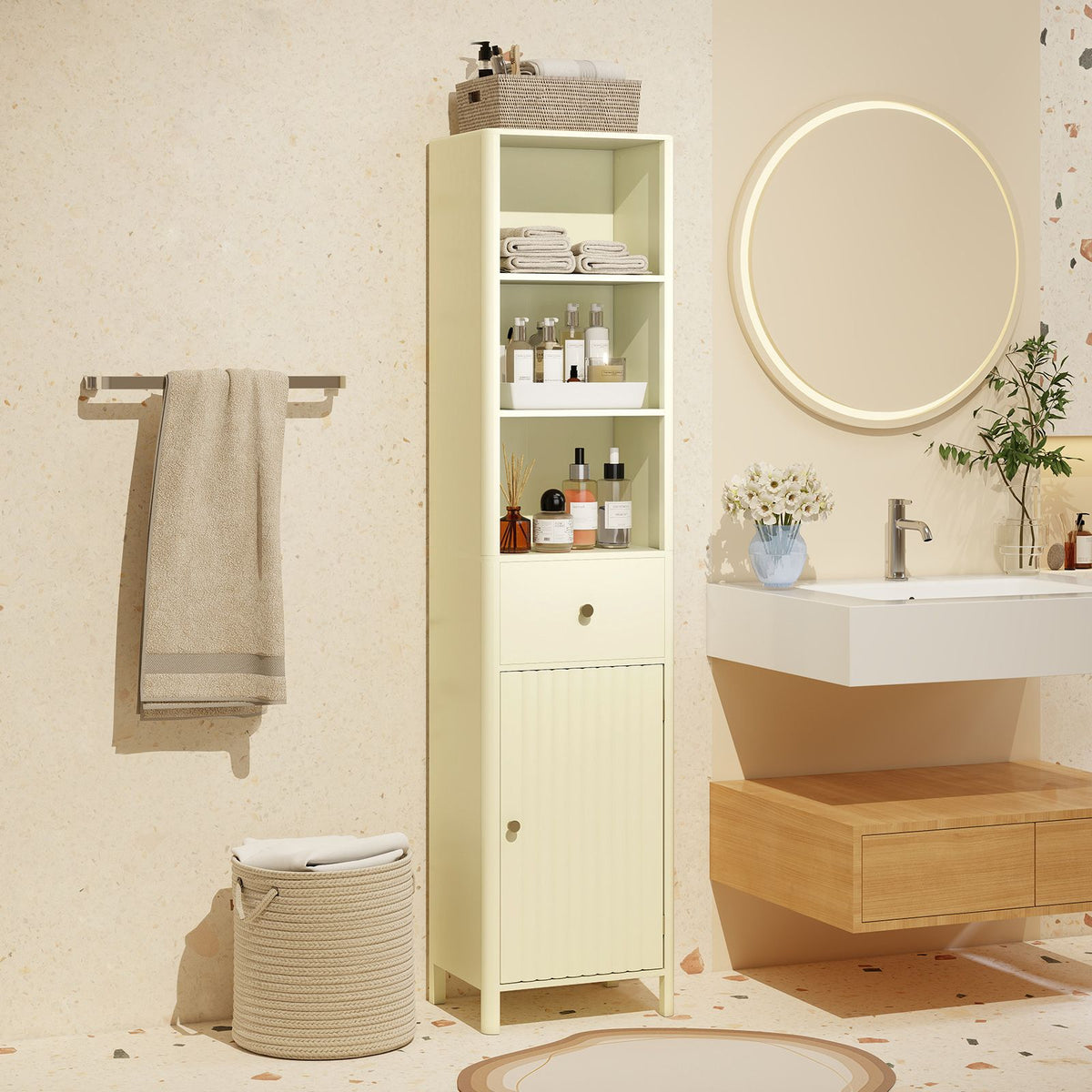 170cm Tall Bathroom Cabinet Narrow Floor Cabinet with Fluted Door