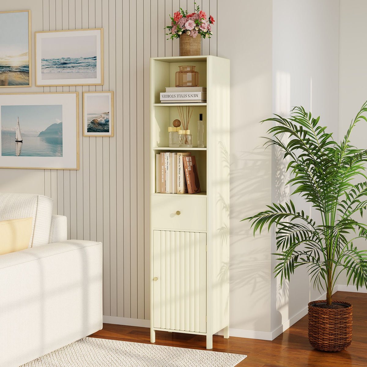 170cm Tall Bathroom Cabinet Narrow Floor Cabinet with Fluted Door