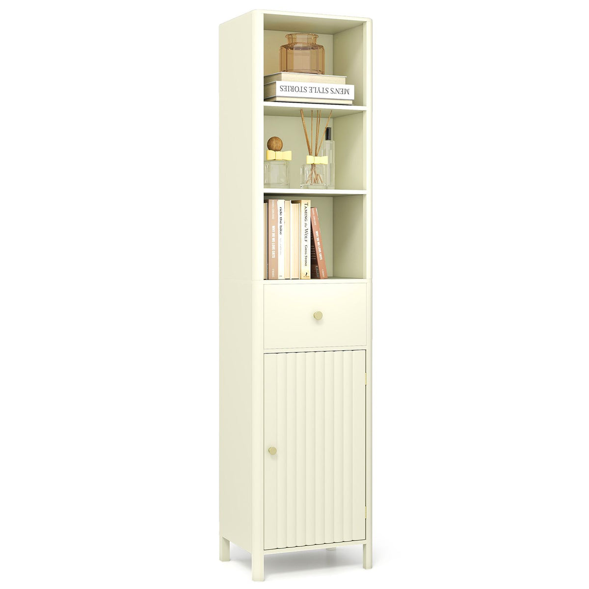 170cm Tall Bathroom Cabinet Narrow Floor Cabinet with Fluted Door