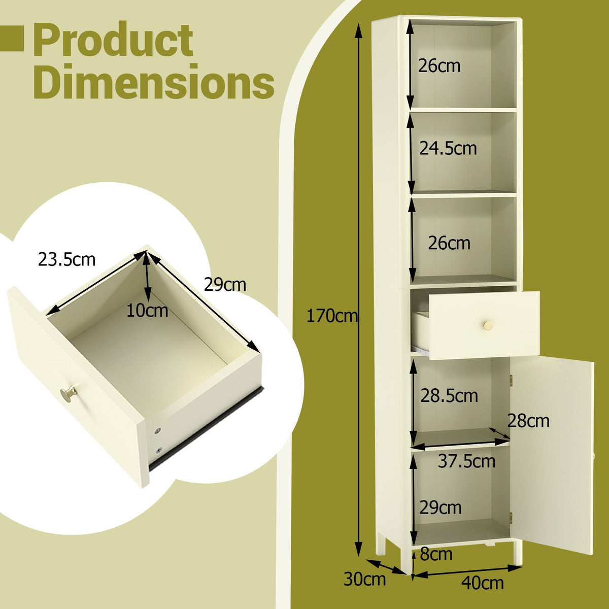 170cm Tall Bathroom Cabinet Narrow Floor Cabinet with Fluted Door