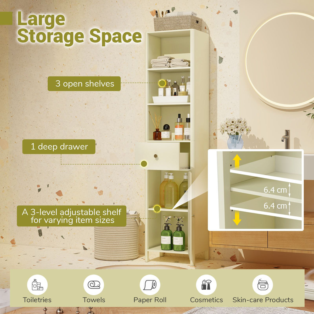 170cm Tall Bathroom Cabinet Narrow Floor Cabinet with Fluted Door