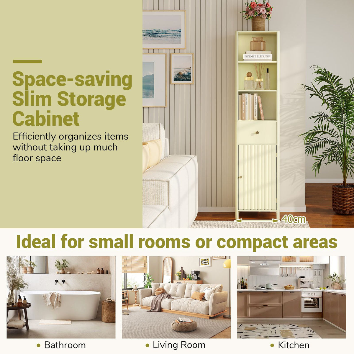 170cm Tall Bathroom Cabinet Narrow Floor Cabinet with Fluted Door