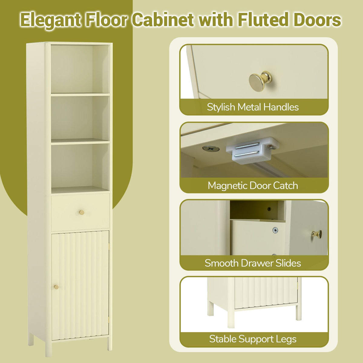 170cm Tall Bathroom Cabinet Narrow Floor Cabinet with Fluted Door