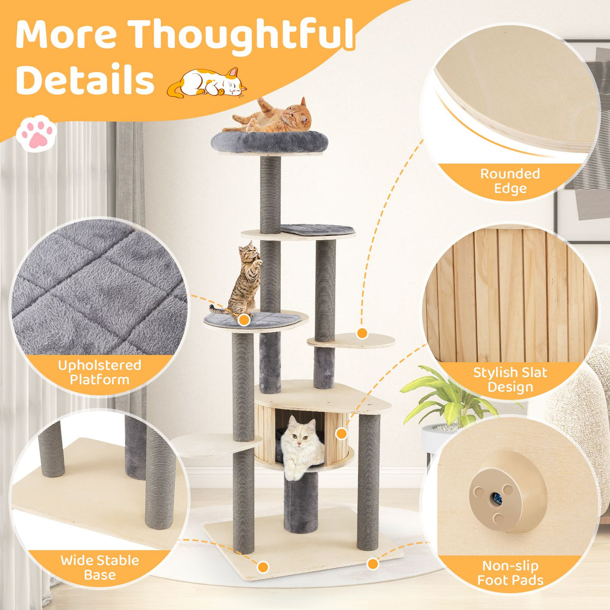 172 CM Cat Tree Multi-level Cat Tower w/Comfy Padded Top Perch & Detachable Mats