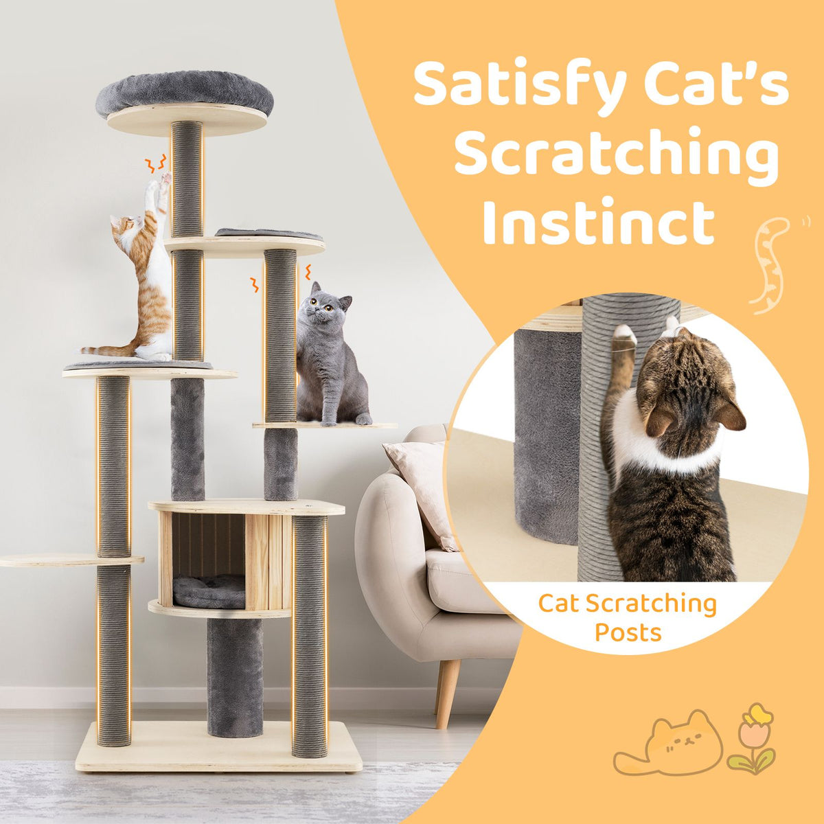 172 CM Cat Tree Multi-level Cat Tower w/Comfy Padded Top Perch & Detachable Mats