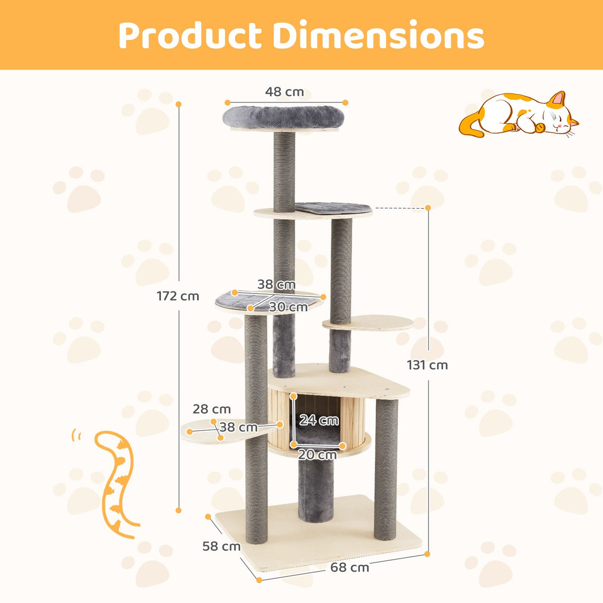 172 CM Cat Tree Multi-level Cat Tower w/Comfy Padded Top Perch & Detachable Mats