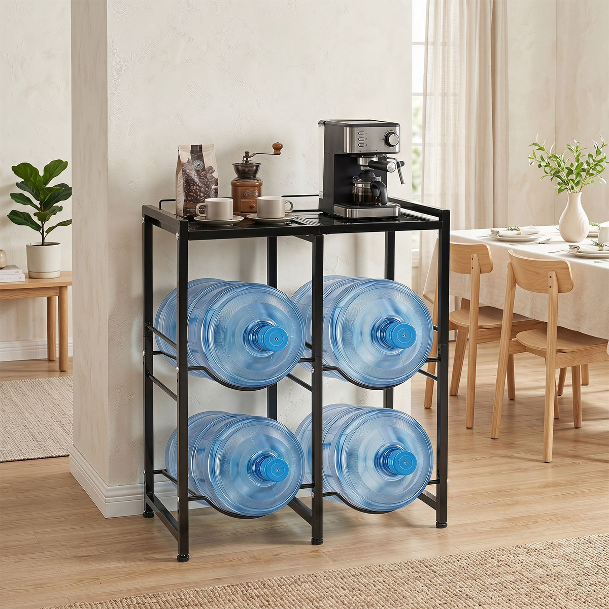 18.9 L Water Jug Holder for 4 Bottles with Top Shelf and Tilting Design for Kitchen